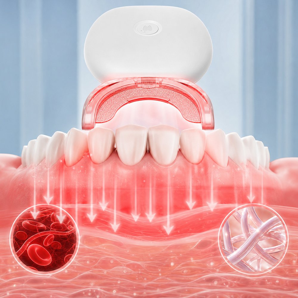 Illustration of the HealRay mouthpiece delivering light through the gum tissue