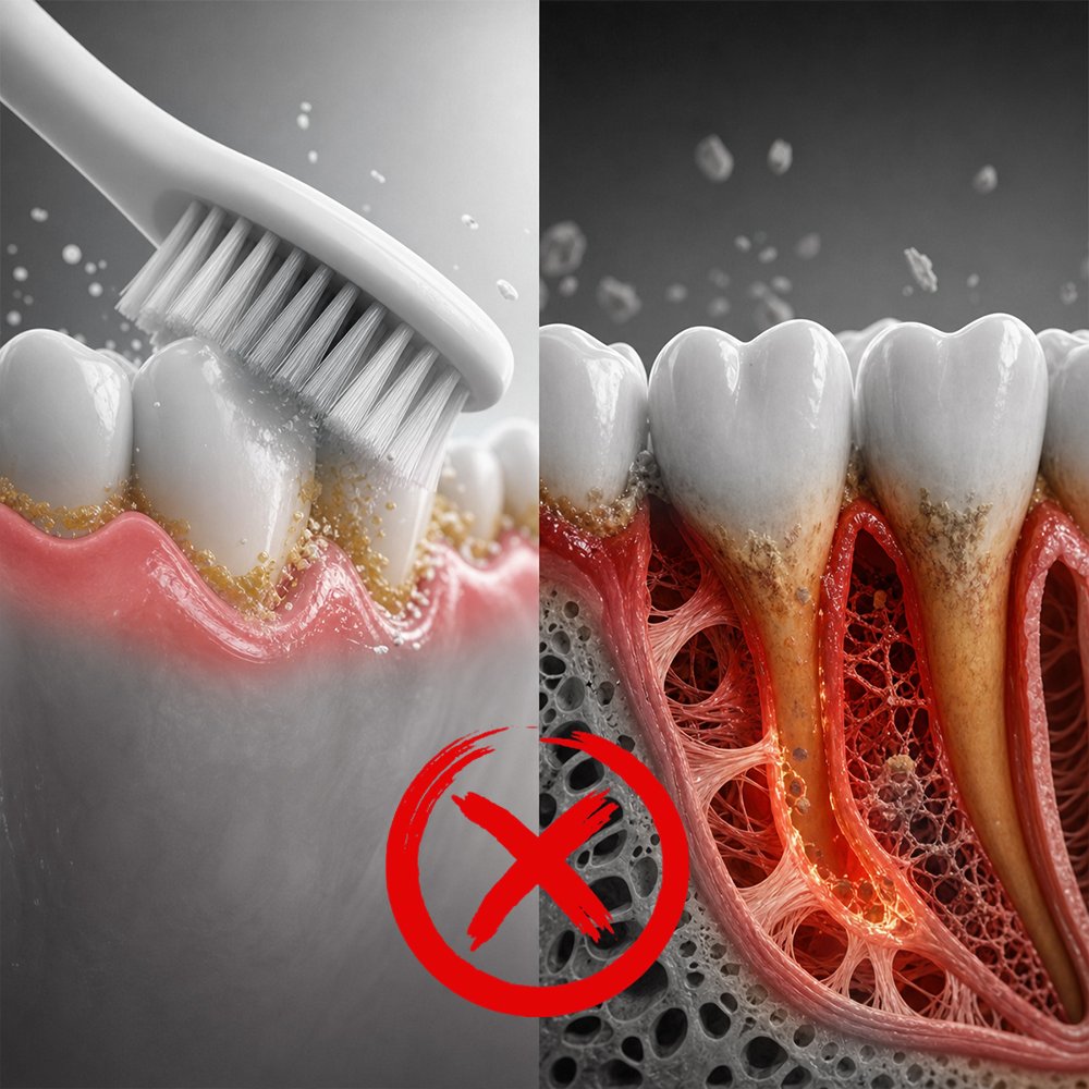 Diagram showing plaque buildup reaching below the gum line, past where a toothbrush can clean